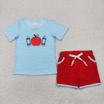BSSO1328 Embroidery Back To School Apple Red Boys Shorts Set