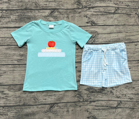 Preorder BSSO1329 Embroidery Back To School Apple Book Boys Shorts Set