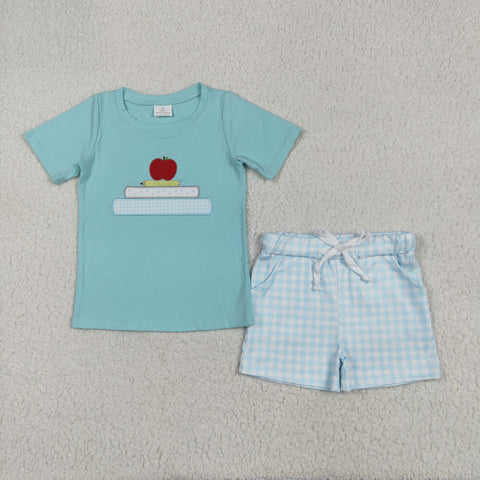BSSO1329 Embroidery Back To School Apple Book Boys Shorts Set