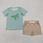 BSSO1416 Embroidery Back To School Dinosaur Boys Shorts Set