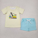 BSSO1417 Embroidery Back To School Excavator Boys Shorts Set