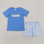 BSSO1433 Embroidery Daddy's Boy Blue Plaid Boys Shorts Set