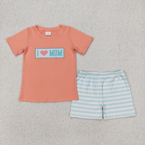 BSSO1435 Embroidery I Love MOM Orange Boys Shorts Set
