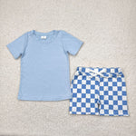 BSSO1469 Blue Plaid Boys Shorts Set