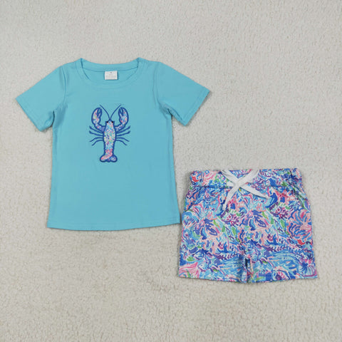 BSSO1479 Embroidery Sea Coral Crawfish Blue Boys Shorts Set