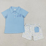 BSSO1494 Embroidery Golf Cart Blue Polo Boys Shorts Set