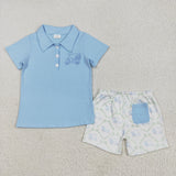 BSSO1494 Embroidery Golf Cart Blue Polo Boys Shorts Set