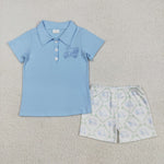 BSSO1494 Embroidery Golf Cart Blue Polo Boys Shorts Set