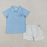 BSSO1494 Embroidery Golf Cart Blue Polo Boys Shorts Set