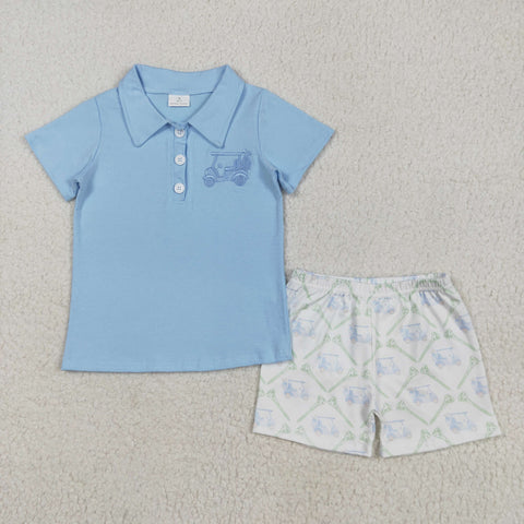 BSSO1494 Embroidery Golf Cart Blue Polo Boys Shorts Set