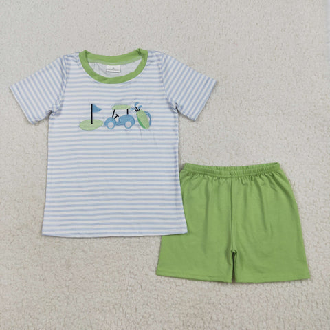BSSO1504 Embroidery Golf Cart Green Boys Shorts Set