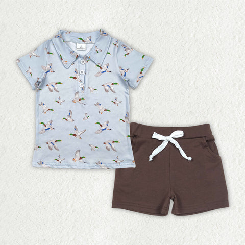 BSSO1524 Mallard Ducks Brown Polo Shirt Boys Shorts Set