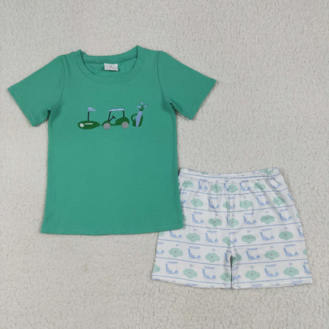 BSSO1540 Embroidery Golf Cart Green Boys Shorts Set