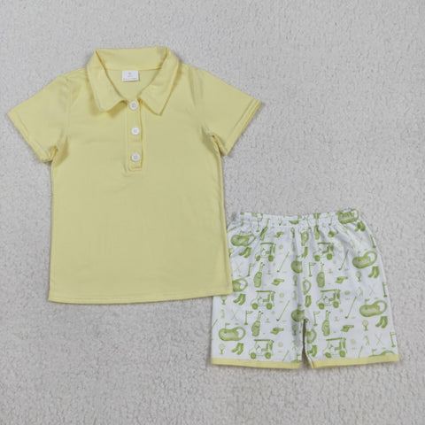 BSSO1546 Golf Cart Yellow Boys Polo Shorts Set