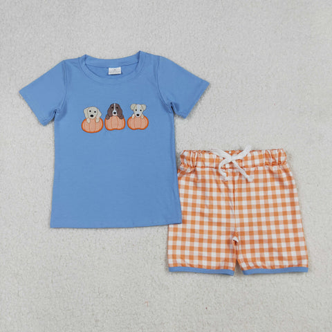 BSSO1547 Embroidery Pumpkin Dog Orange Plaid Boys Shorts Set