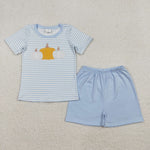 BSSO1548 Pumpkin Blue Stripe Boys Shorts Set