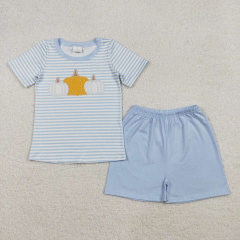 BSSO1548 Pumpkin Blue Stripe Boys Shorts Set