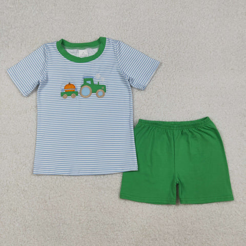 BSSO1549 Embroidery Truck Pumpkin Stripe Green Boys Shorts Set
