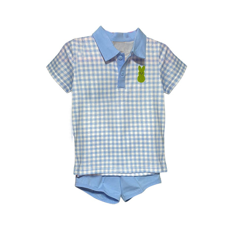 Preorder 10.13 MOQ 5 pcs BSSO1551 Easter Bunny Rabbit Blue Plaid Boys Shorts Set