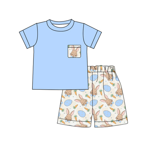 Preorder 10.23 MOQ 5 pcs BSSO1561 Easter Rabbit Carrot Blue Boys Shorts Set