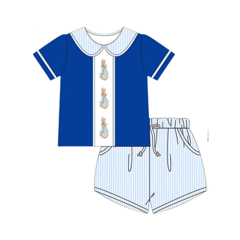 Preorder 10.28 MOQ 5 pcs BSSO1563 Easter Rabbit Blue Boys Shorts Set