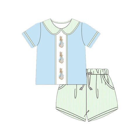 Preorder 10.28 MOQ 5 pcs BSSO1564 Easter Rabbit Green Blue Boys Shorts Set