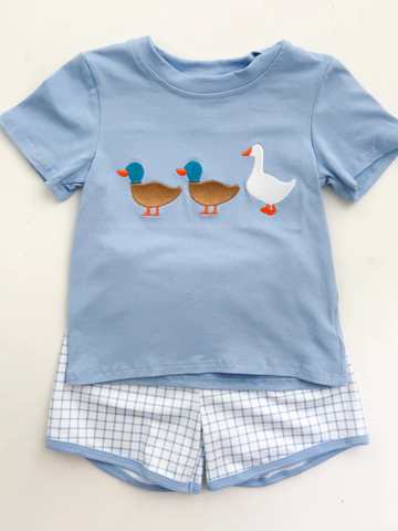 Preorder 10.29 MOQ 5 pcs BSSO1567 Mallard Ducks Blue Plaid Boys Shorts Set