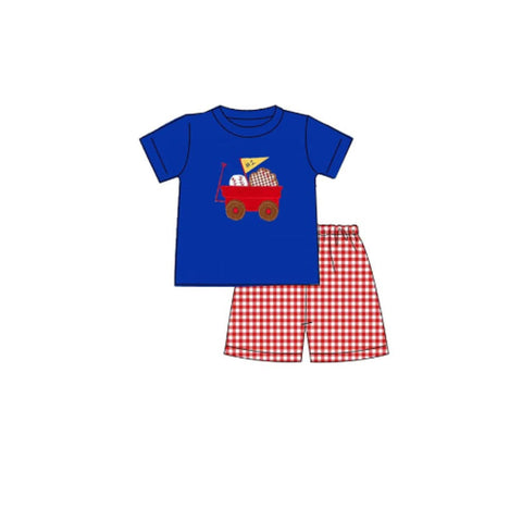 10.10 Pre-order BSSO1569 Boys baseball blue short sleeve red checkered shorts outfits
