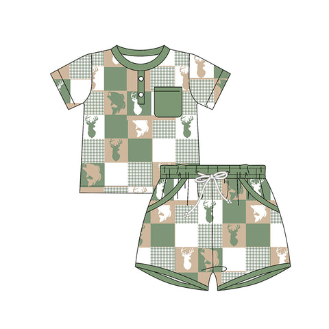 Preorder 11.16 MOQ 5 pcs BSSO1573 Hunting Elk Fish Green Boys Shorts Set