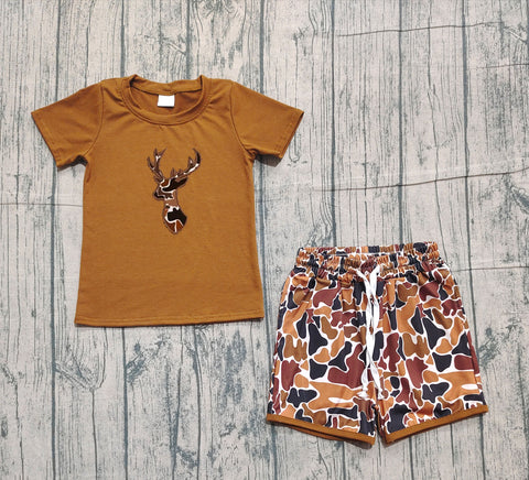 Preorder Samples BSSO1575 Embroidery Hunting Elk Camo Brown Boys Shorts Set