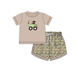Preorder Samples BSSO1576 Embroidery Hunting Car Dog Camo Brown Boys Shorts Set