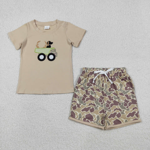 BSSO1576 Embroidery Hunting Car Dog Camo Brown Boys Shorts Set
