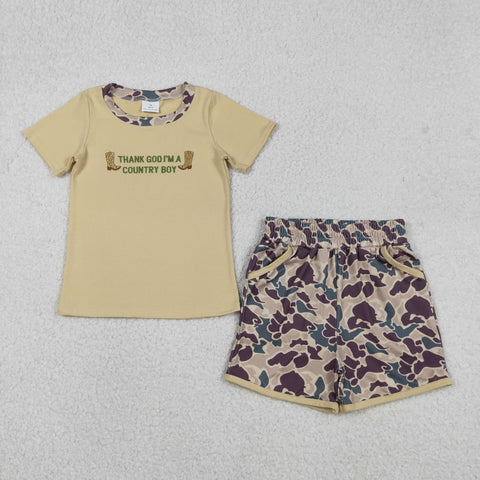 BSSO1577 Embroidery Hunting Country Boy Camo Brown Boys Shorts Set