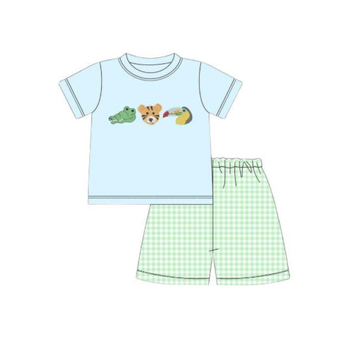 Preorder 11.20 MOQ 5 pcs BSSO1581 Animals Green Plaid Boys Shorts Set