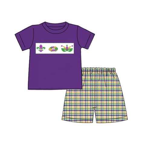 Preorder 11.20 MOQ 5 pcs BSSO1603 Mardi Gras Mask Purple Plaid Boys Shorts Set