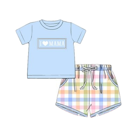 Preorder 11.20 MOQ 5 pcs BSSO1605 I Love Mom Blue Plaid Boys Shorts Set