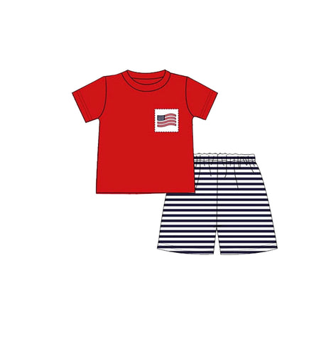 Preorder 11.23 MOQ 5 pcs BSSO1608 4th of July Flag Red Stripe Boys Shorts Set