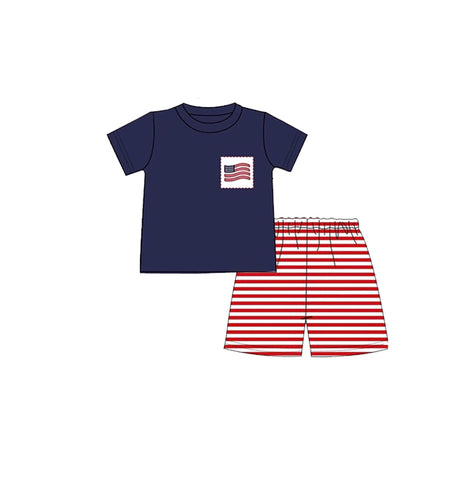 Preorder 11.23 MOQ 5 pcs BSSO1609 4th of July Flag Red Stripe Boys Shorts Set