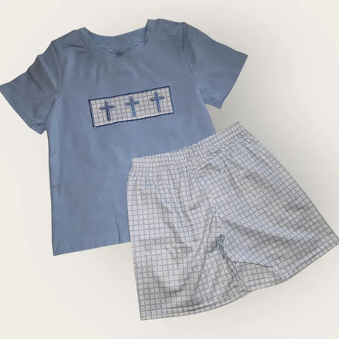 Preorder 11.25 MOQ 5 pcs BSSO1624 Easter Cross Blue Boys Shorts Set