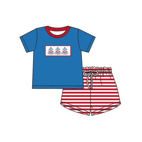 Preorder 11.25 MOQ 5 pcs BSSO1627 Sailboat Stripe Boys Shorts Set
