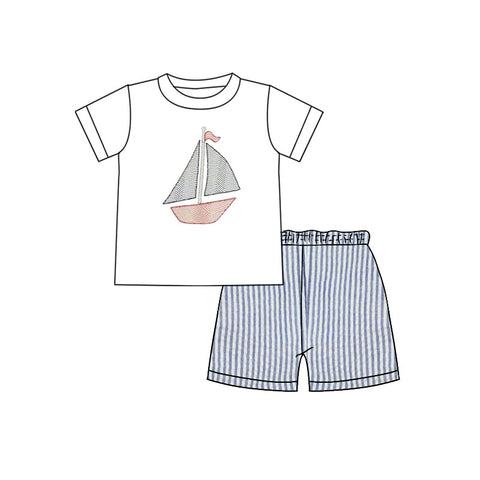 Preorder 11.29 MOQ 5 pcs BSSO1630 Sailboat Stripe Boys Shorts Set