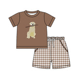 Preorder Samples BSSO1637 Embroidery Dog Brown Boys Shorts Set