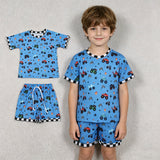 BSSO1641 Cartoon Cars Blue Color Boys Shorts Set
