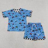 BSSO1641 Cartoon Cars Blue Color Boys Shorts Set