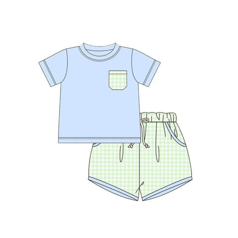 Preorder 12.07 MOQ 5 pcs BSSO1650 Blue Green Plaid Boys Shorts Set