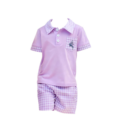 Preorder 12.08 MOQ 5 pcs BSSO1660 Cowboy Purple Plaid Polo Boys Shorts Set