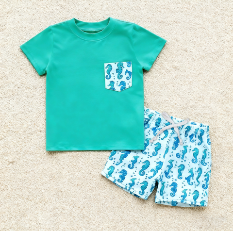 Preorder 12.13 MOQ 5 pcs BSSO1665 Sea Animal Green Boys Shorts Set