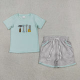 BSSO1666 Embroidery Tool Plaid Boys Shorts Set