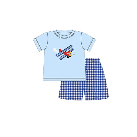 Preorder 12.13 MOQ 5 pcs BSSO1668 Airplane Blue Plaid Boys Shorts Set