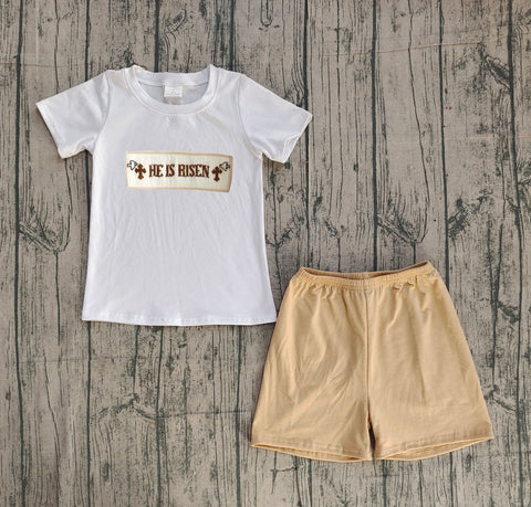 Preorder Samples BSSO1674 Embroidery Easter He if Risen Boys Shorts Set